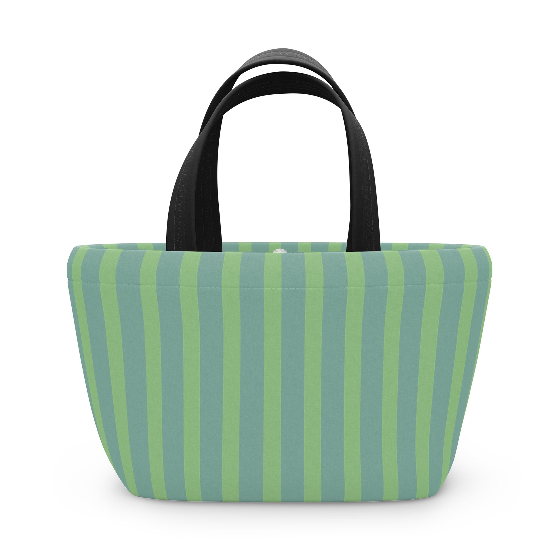 Striped tote bag with green and blue vertical stripes on a white background
