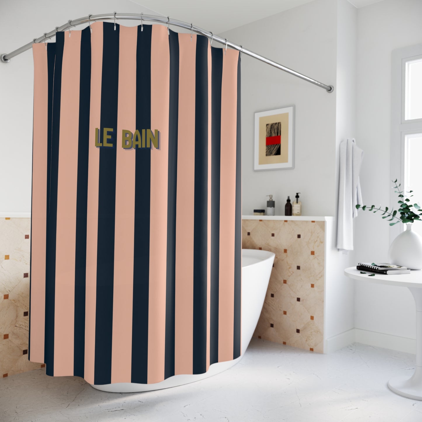 Le Bain Striped Shower Curtain - Salmon Pink & Navy Bathroom Decor