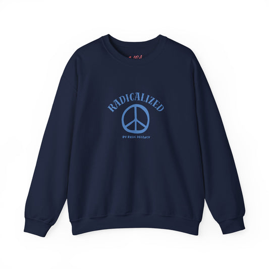 Navy blue sweatshirt with 'RADICALIZED By and peace symbol design on a white background