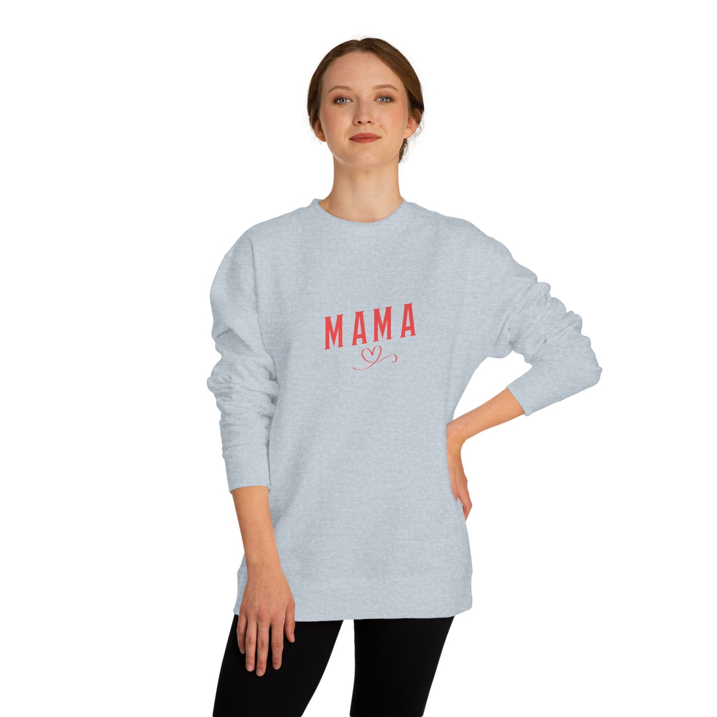 Woman wearing a light gray sweatshirt with 'MAMA' printed in red on a white background
