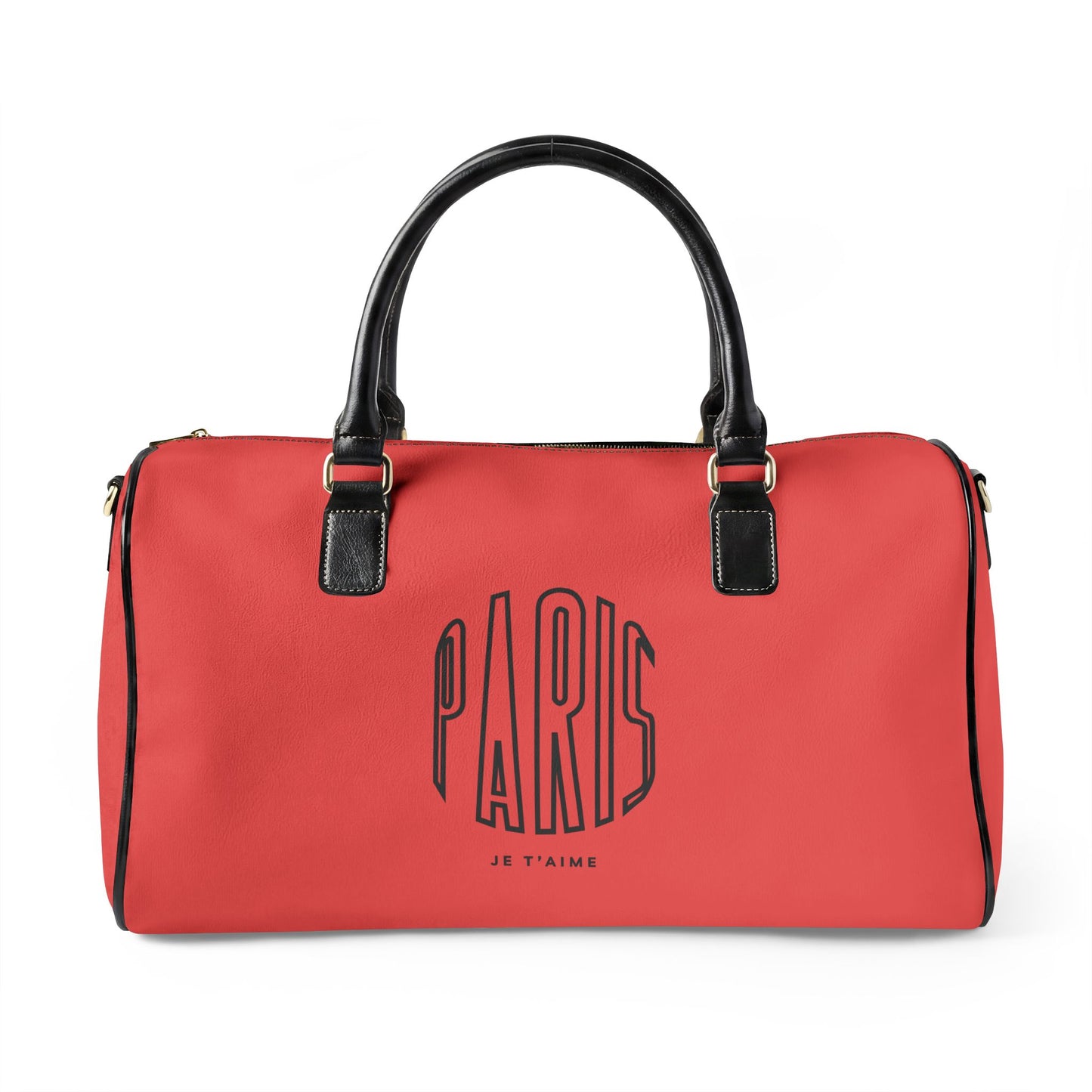Red duffel bag with 'PARIS JE T'AIME' text on a white background