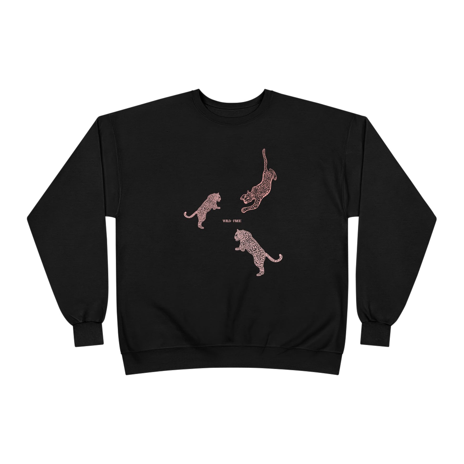 Black sweatshirt with pink leaping cat design on a white background
