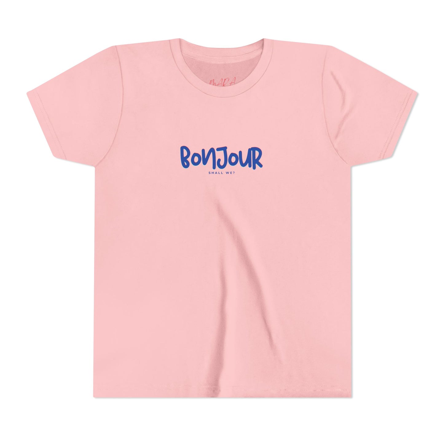 Pink t-shirt with 'Bonjour' text in blue on a white background