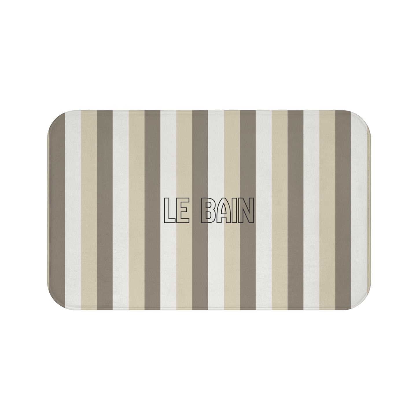 Striped bath mat with 'LE BAIN' branding on a white background