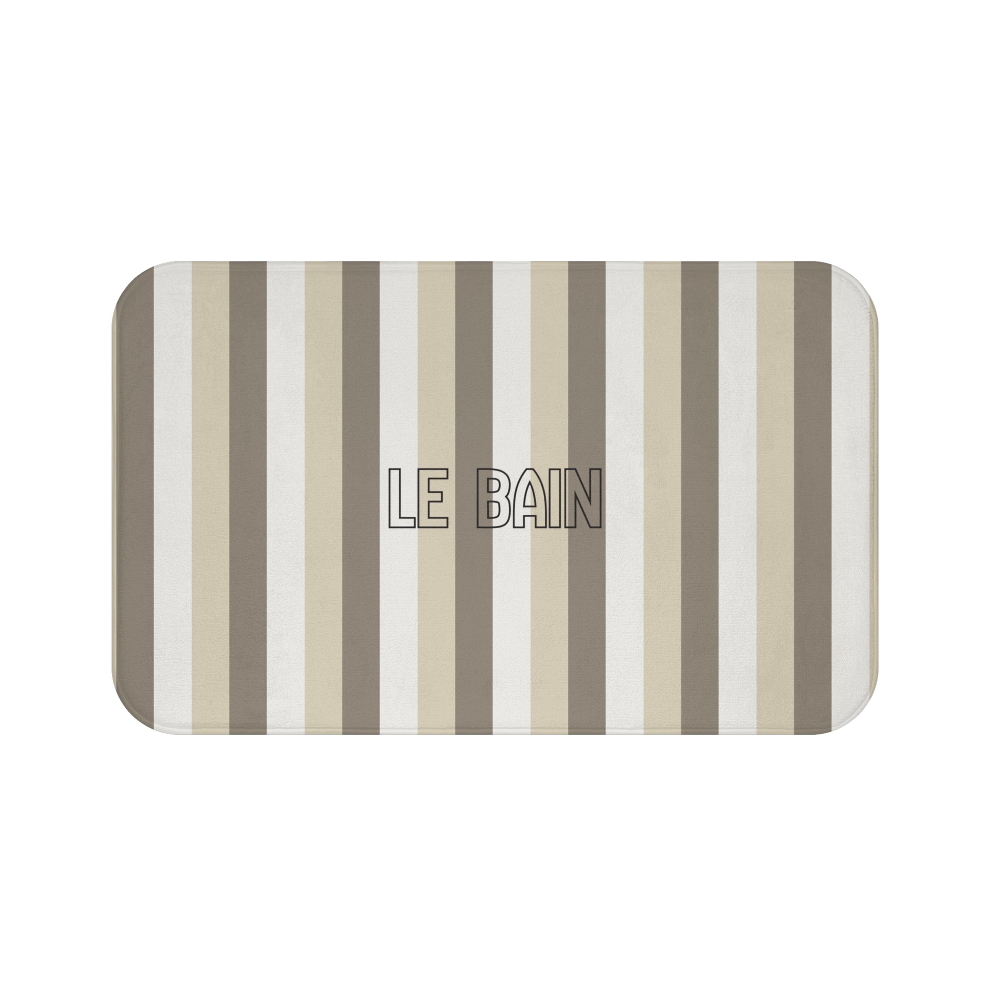 Striped bath mat with 'LE BAIN' branding on a white background