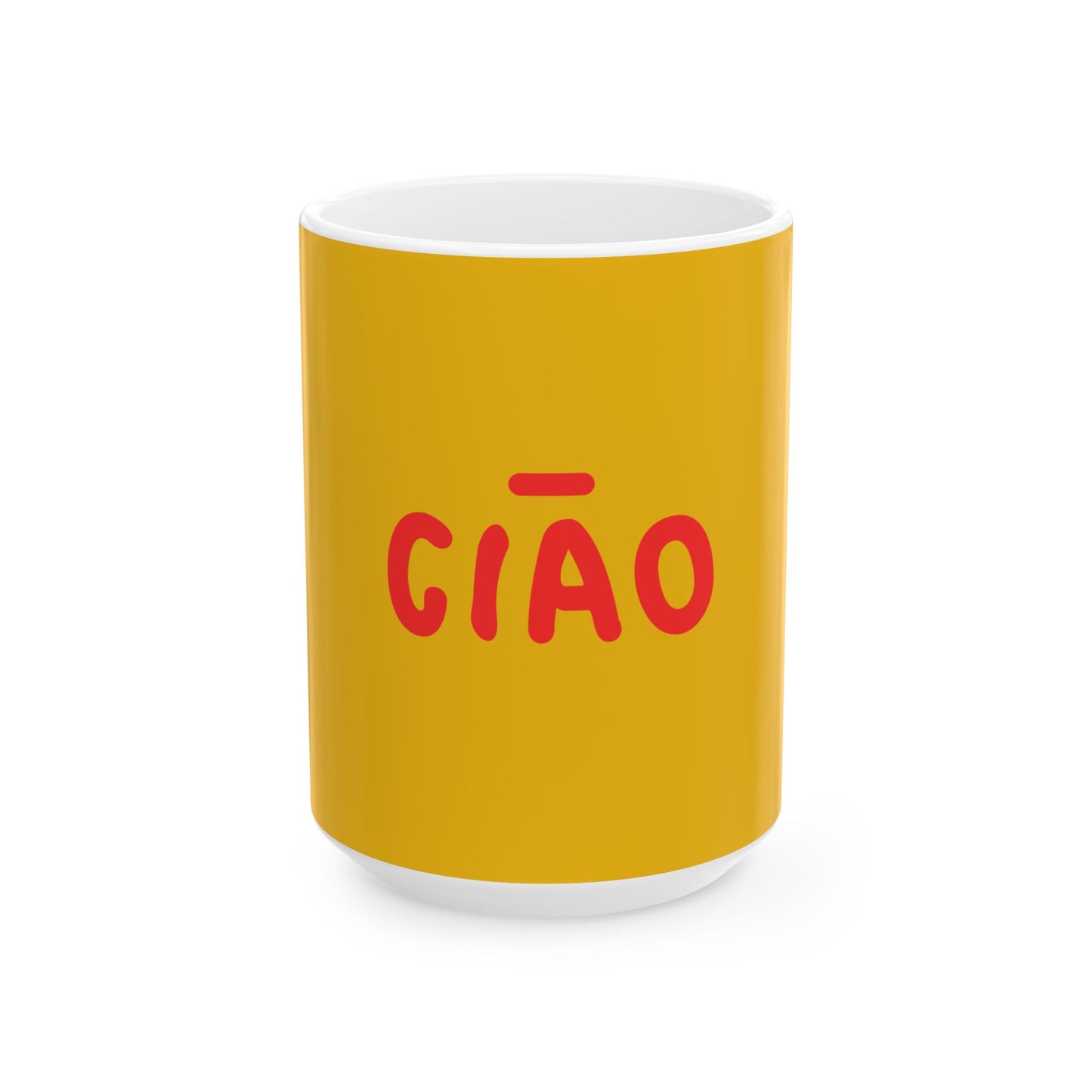 Yellow mug with red 'CIAÓ' text on a white background