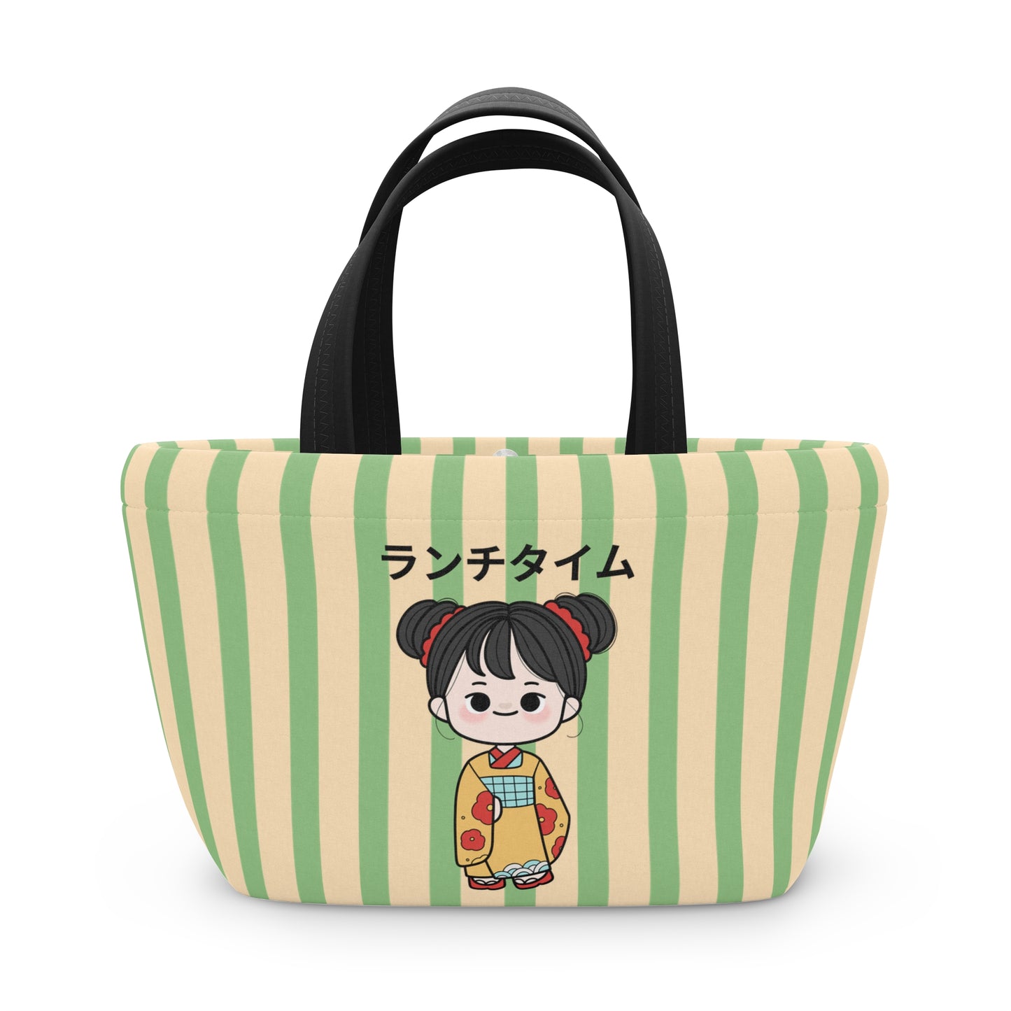 A green and beige vertically striped tote bag with black handles, featuring a cartoon girl in a yellow kimono and the Japanese text 'スアーグリア' printed on the front, set against a plain white background.