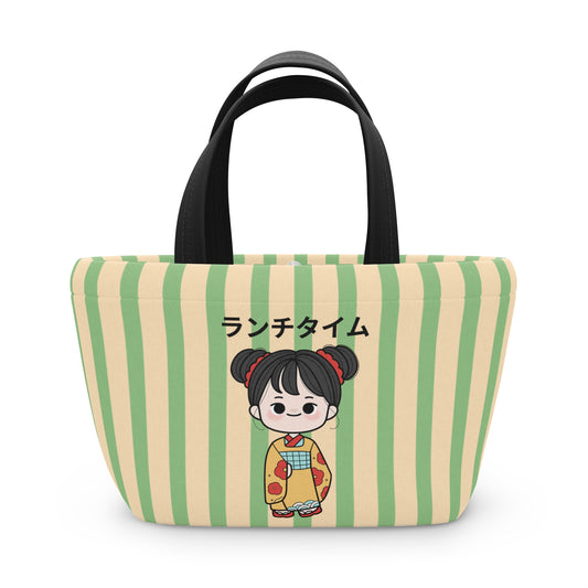 A green and beige vertically striped tote bag with black handles, featuring a cartoon girl in a yellow kimono and the Japanese text 'スアーグリア' printed on the front, set against a plain white background.