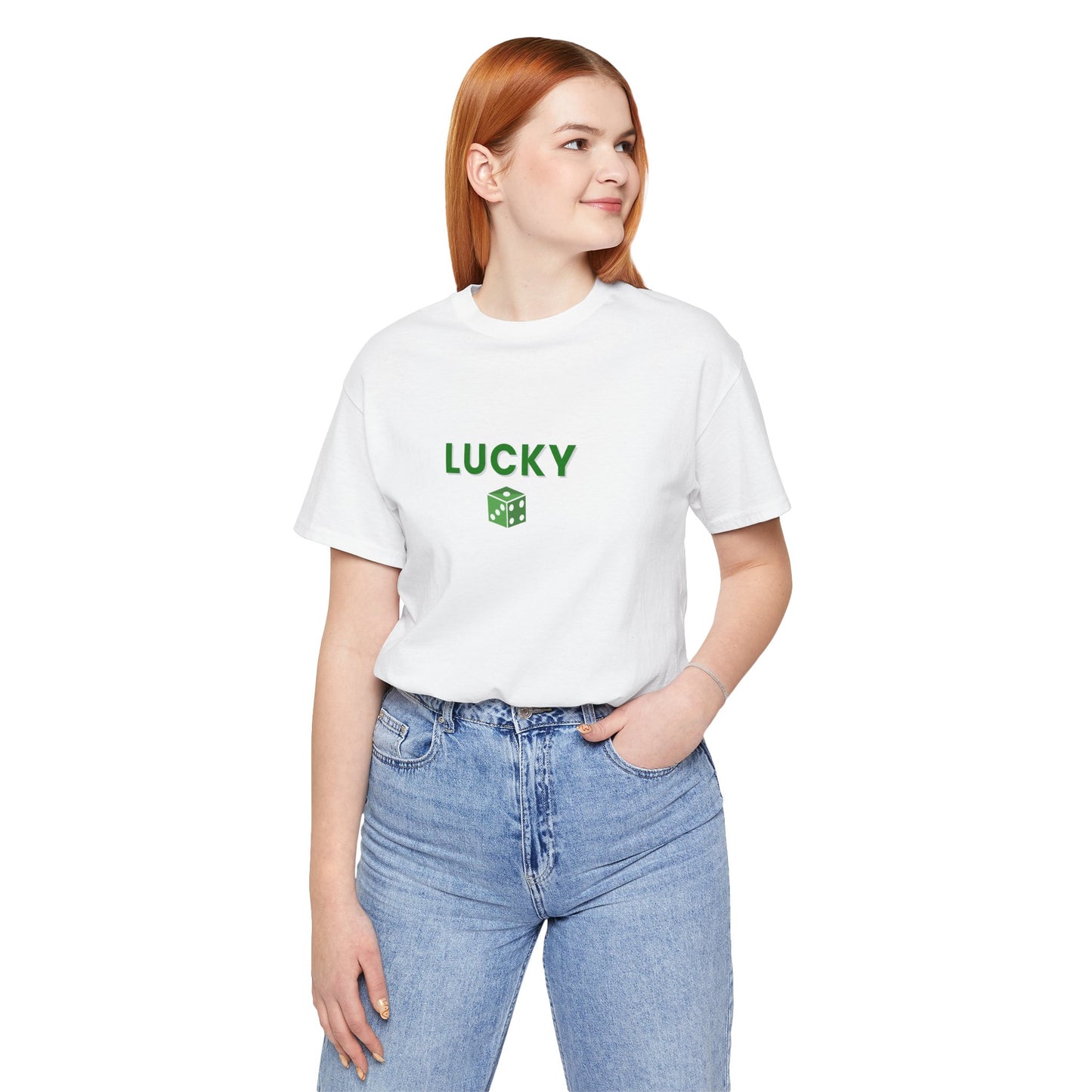 Person wearing a white t-shirt with 'LUCKY' printed on it against a white background