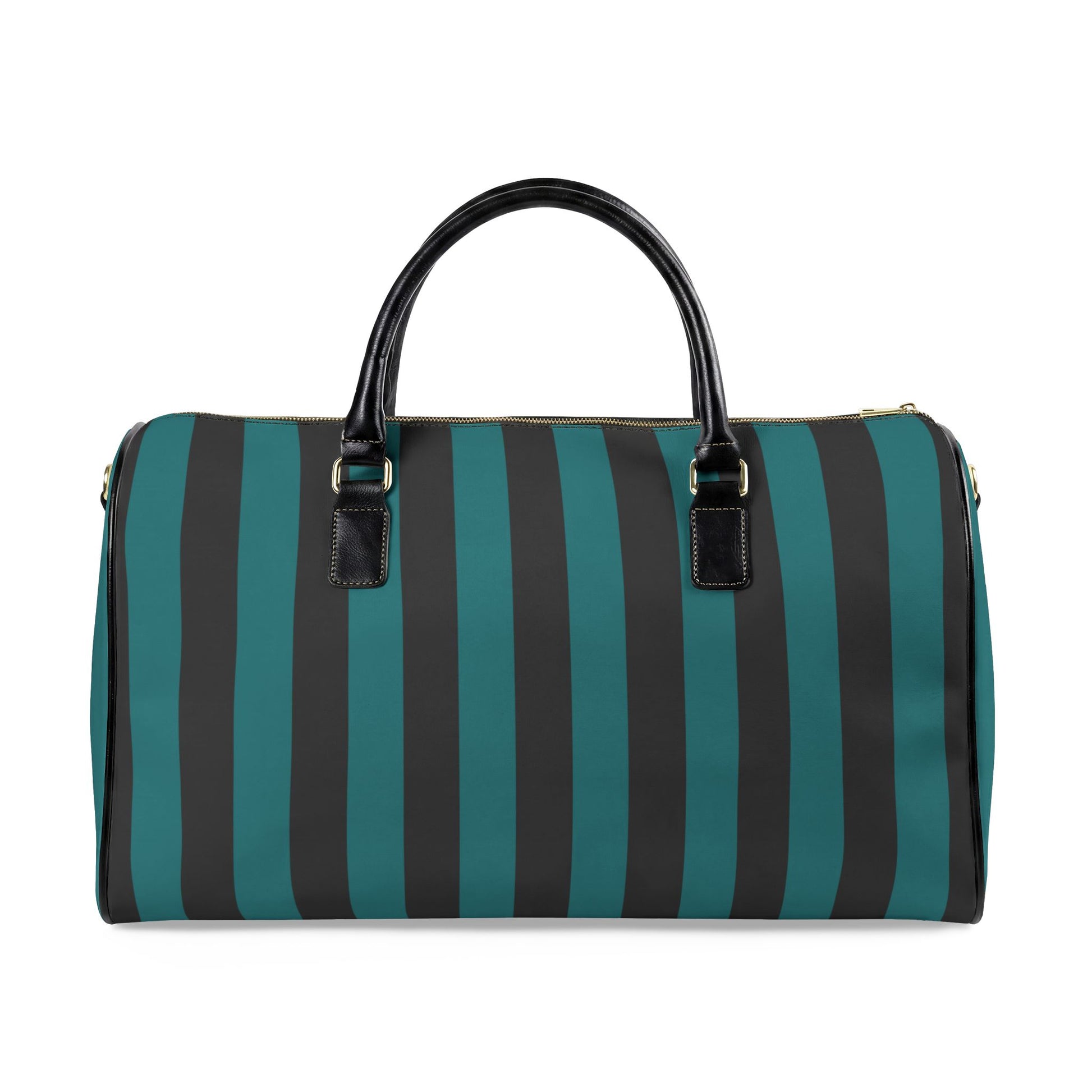 Striped duffel bag with black and teal stripes on a white background