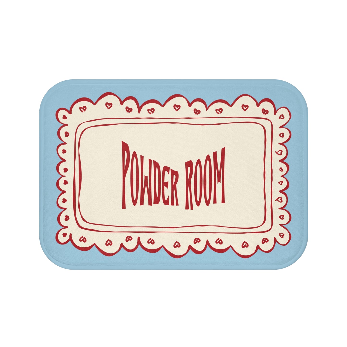 Decorative sign with 'Powder Room' text on a light blue background