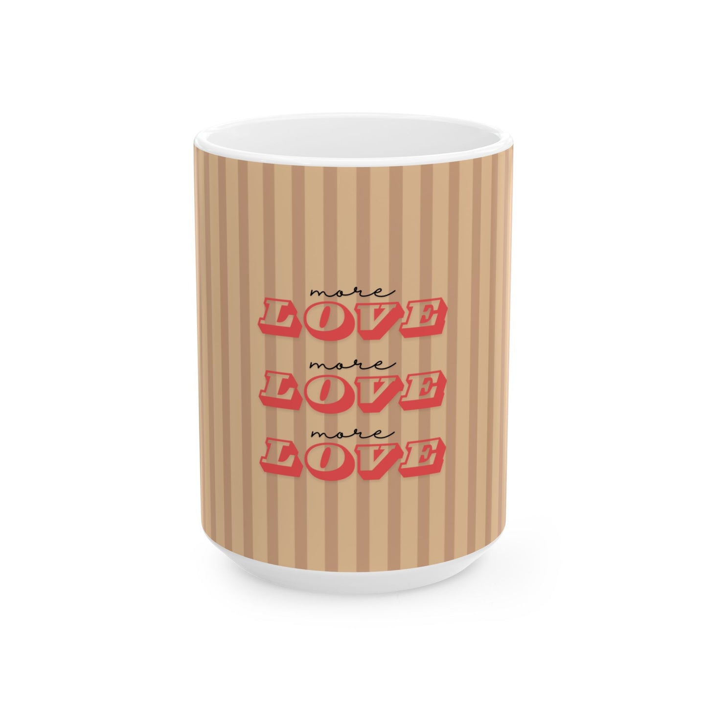 Mug with striped pattern and 'more love' text on a white background