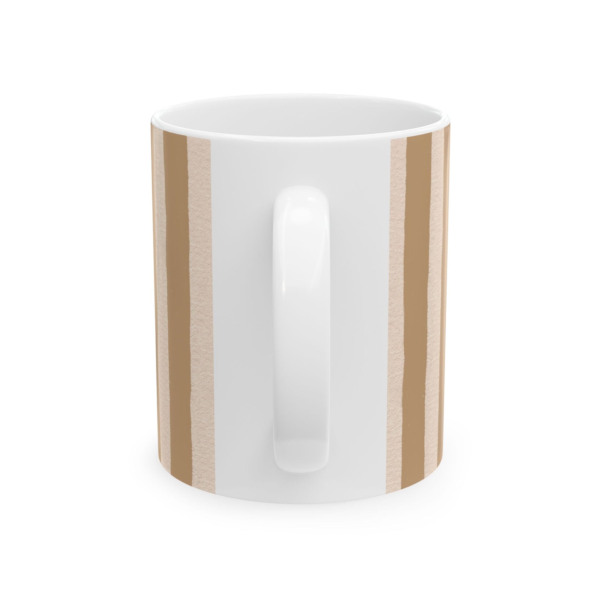 White mug with wooden accents on a white background