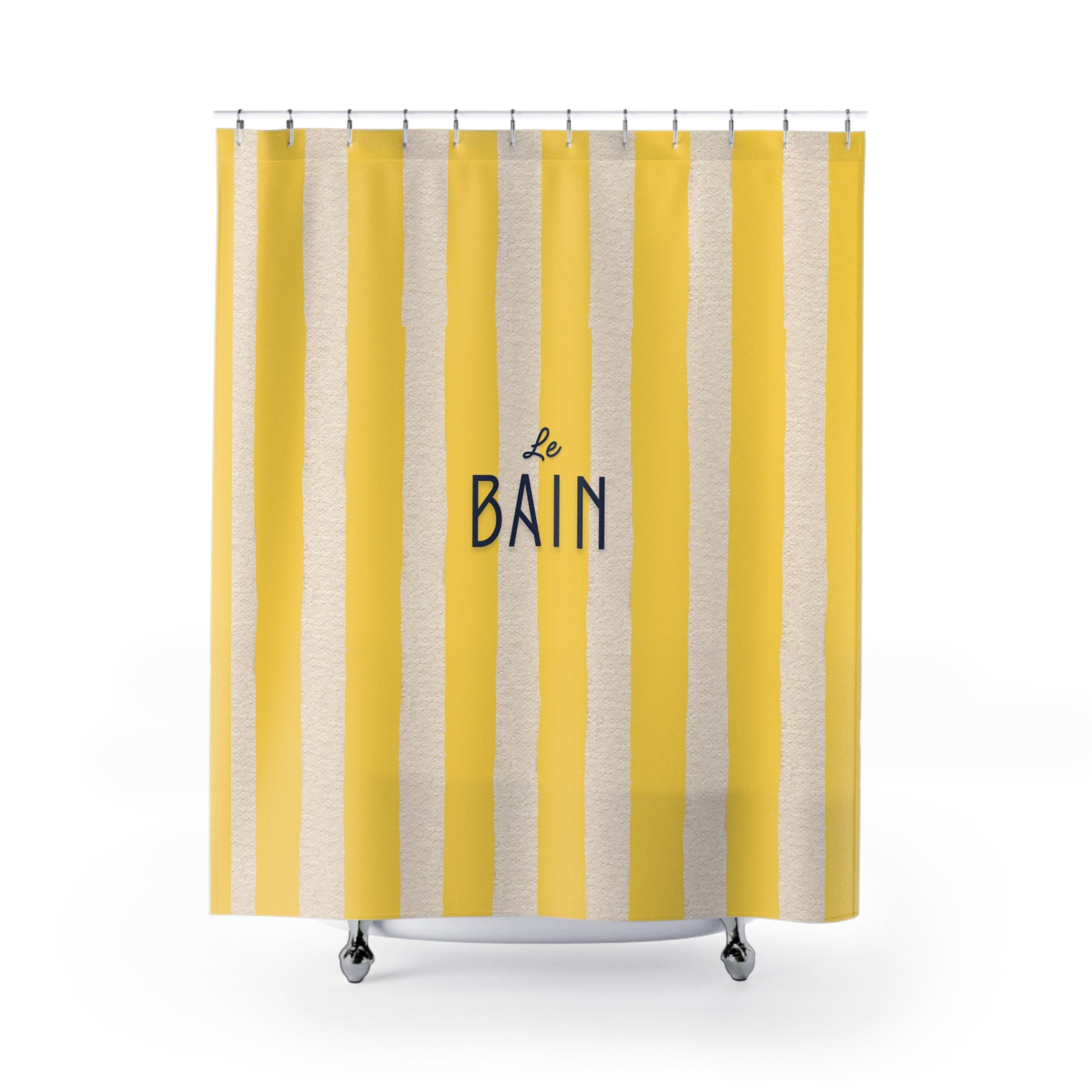 Shower curtain with yellow and beige vertical stripes and 'Le Bain' text on a white background