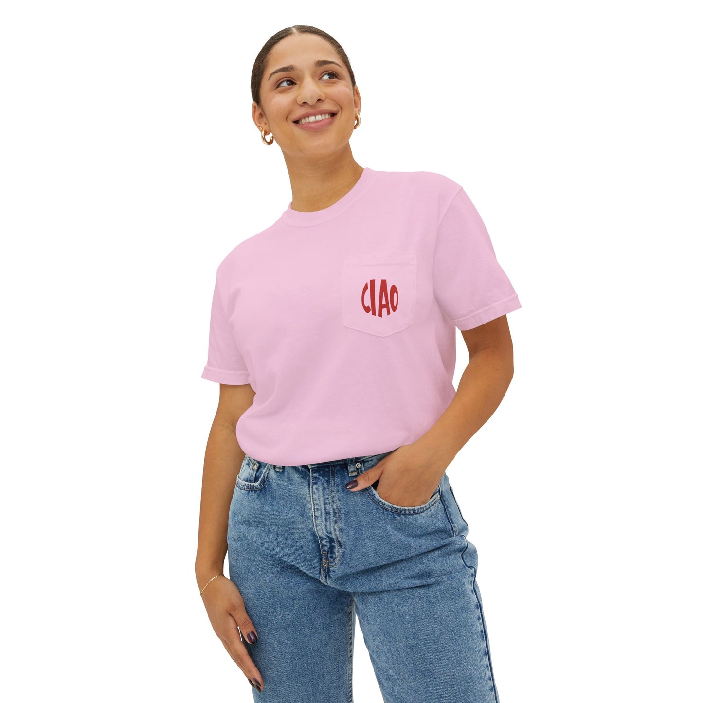 Person wearing a pink t-shirt with 'CIAO' on it and blue jeans against a white background