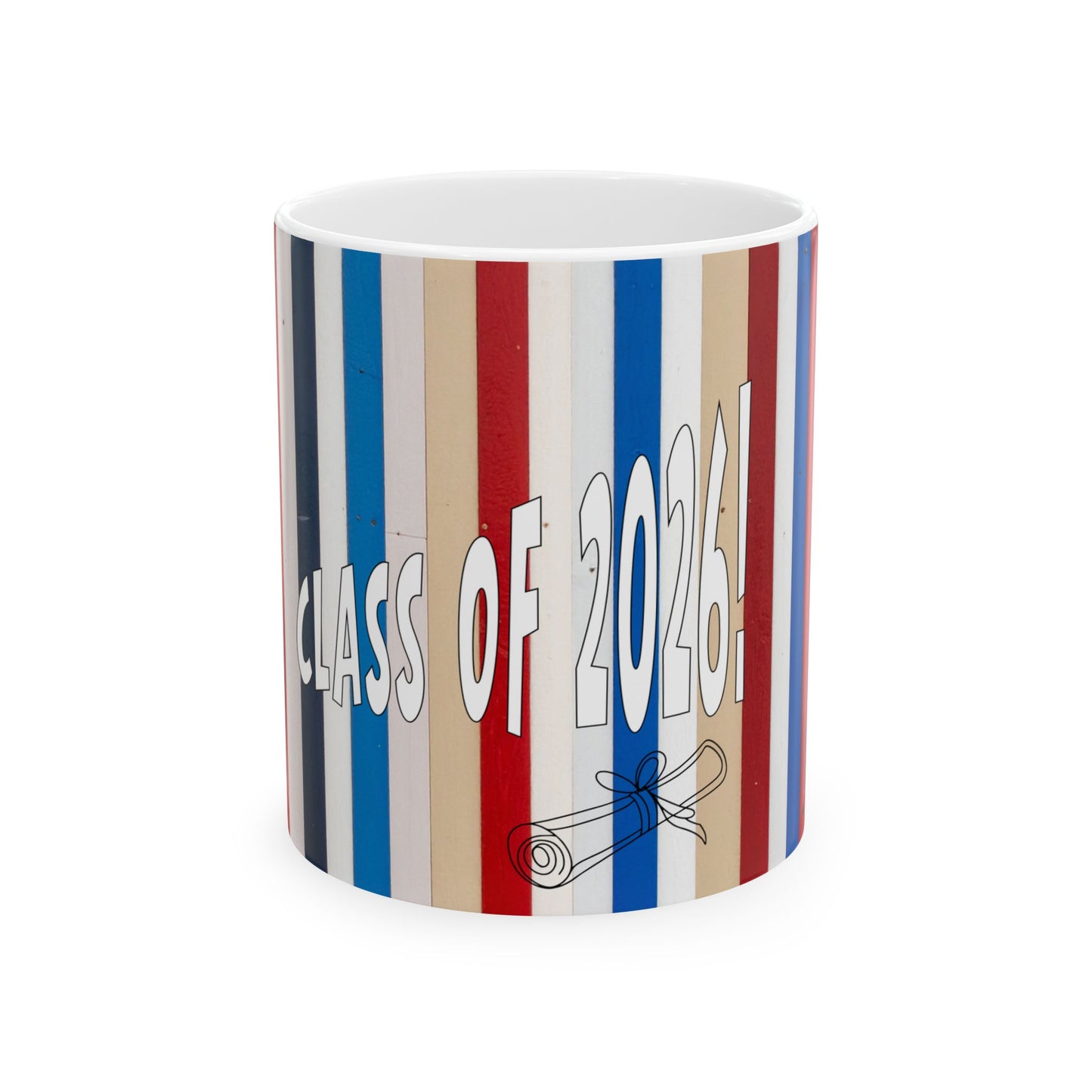 Mug with 'Class of 2026!' text and striped design on a white background
