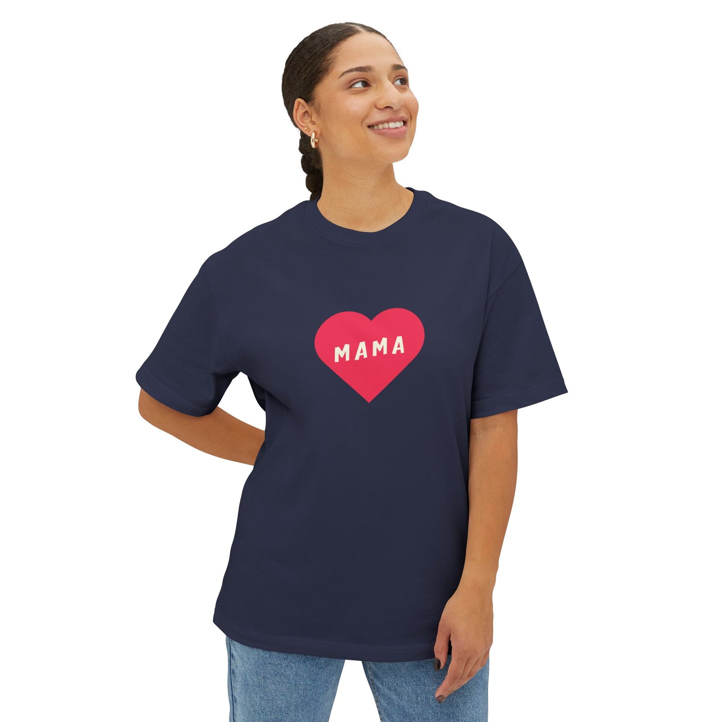 Woman wearing a navy blue t-shirt with a red heart and 'MAMA' text on a white background