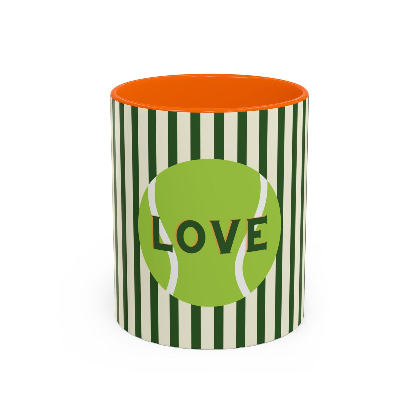 Cylindrical container with green and white striped design and orange top, featuring a tennis ball with 'LOVE' text.