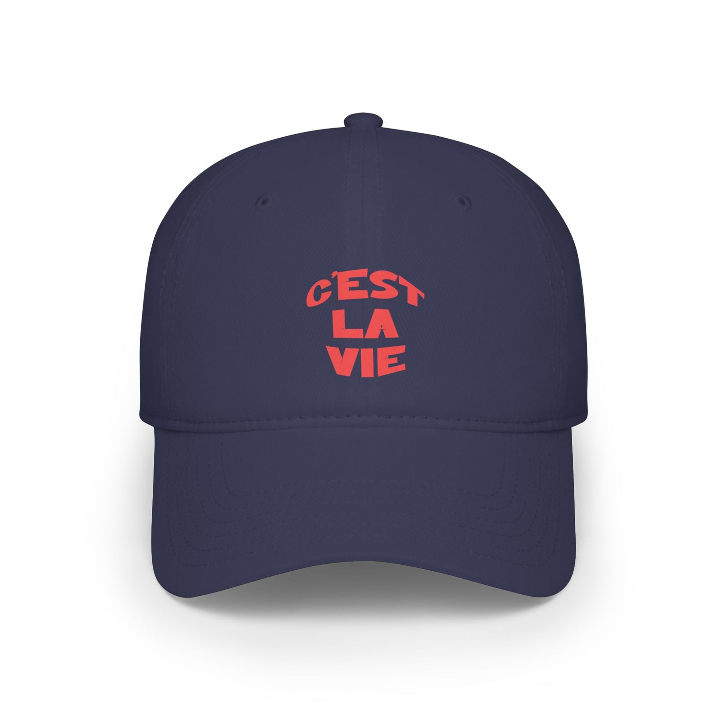 Navy blue cap with red text 'Cést La Vie' on a white background