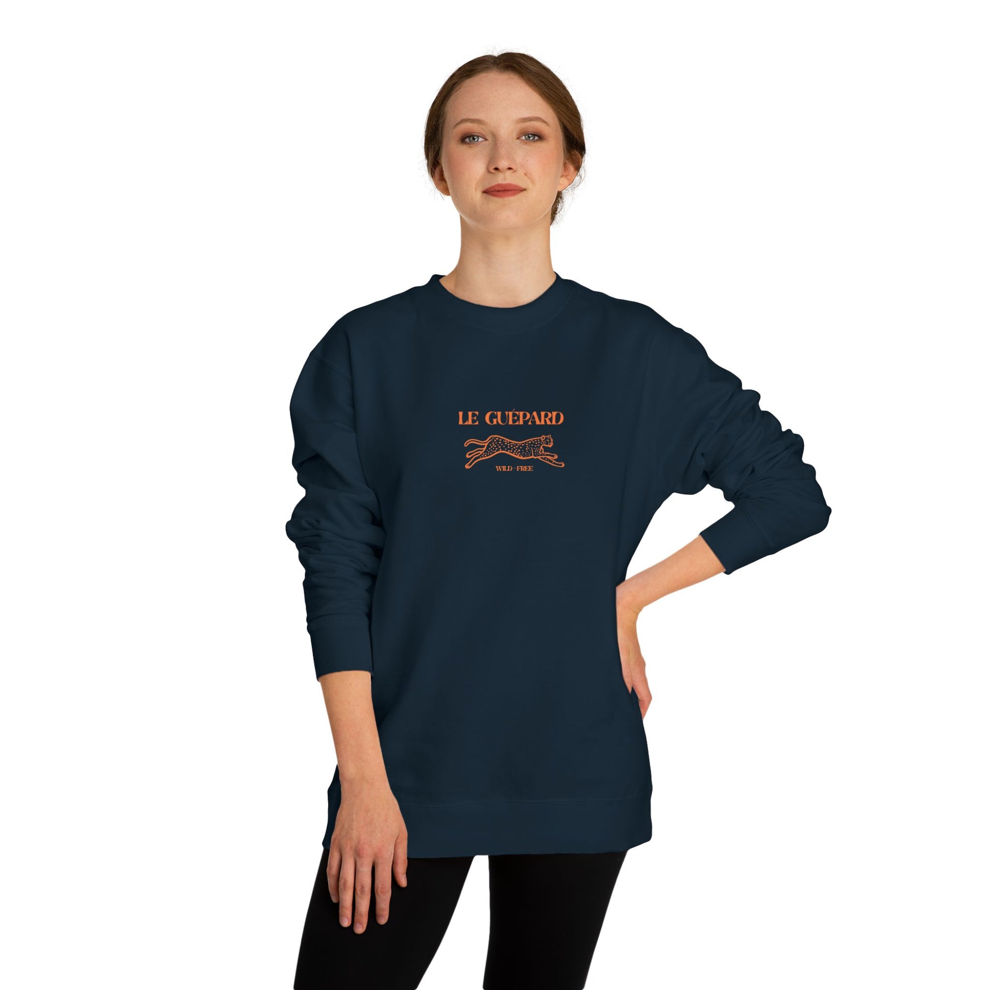 Person wearing a navy blue sweatshirt with 'Le Gepard" logo on a white background