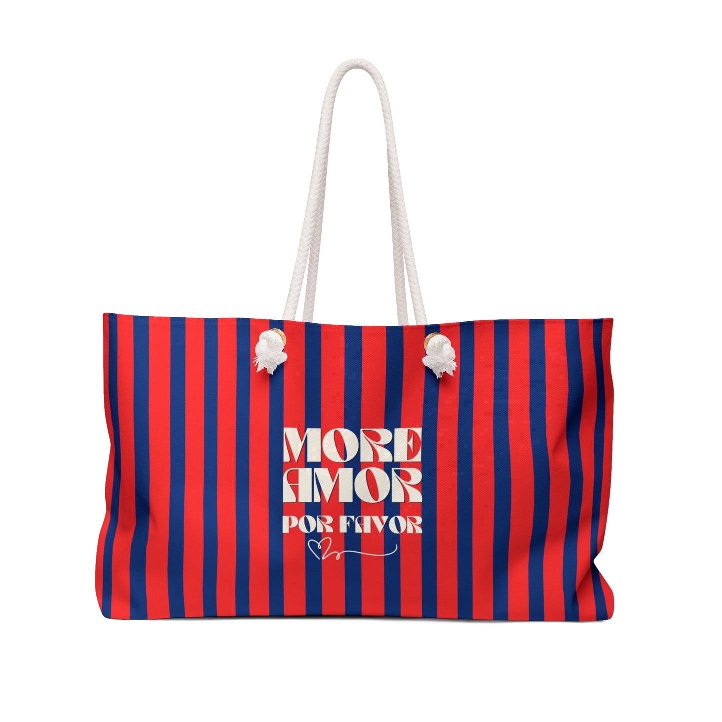 Striped bag with 'More Amor Por Favor' text on a white background
