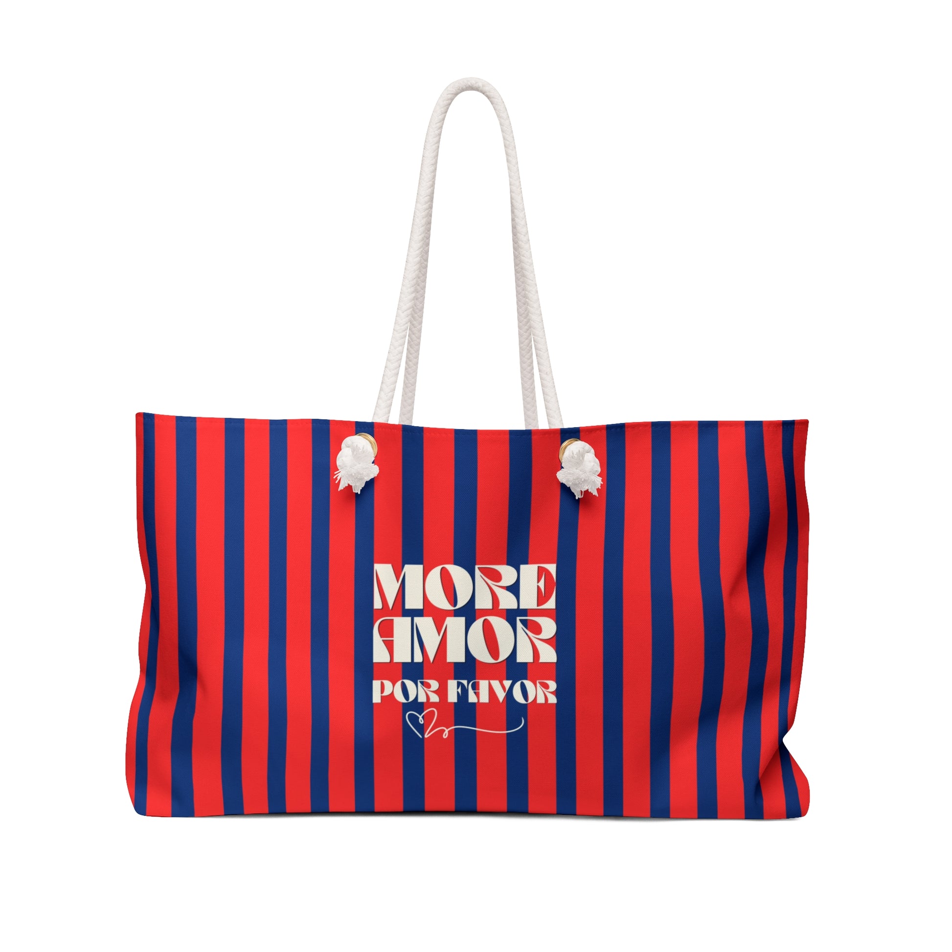 Striped bag with 'More Amor Por Favor' text on a white background