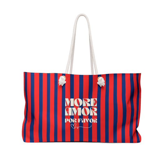 Striped bag with 'More Amor Por Favor' text on a white background