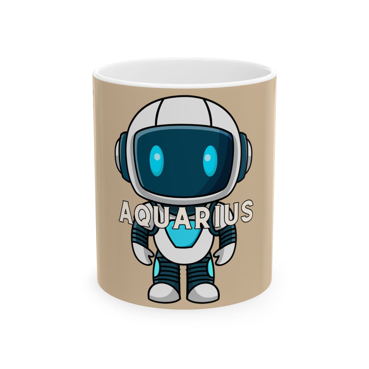 Mug with a cartoon astrological character labeled 'Aquarius' on a beige background
