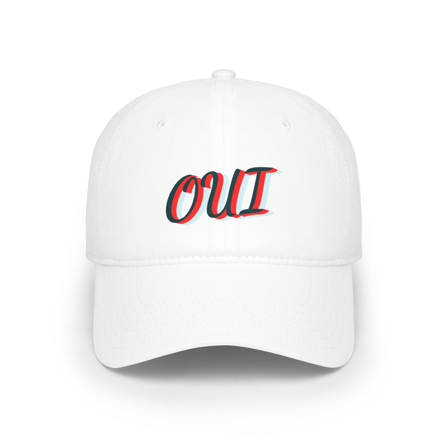 White cap with 'OUI' text in red and black on a white background