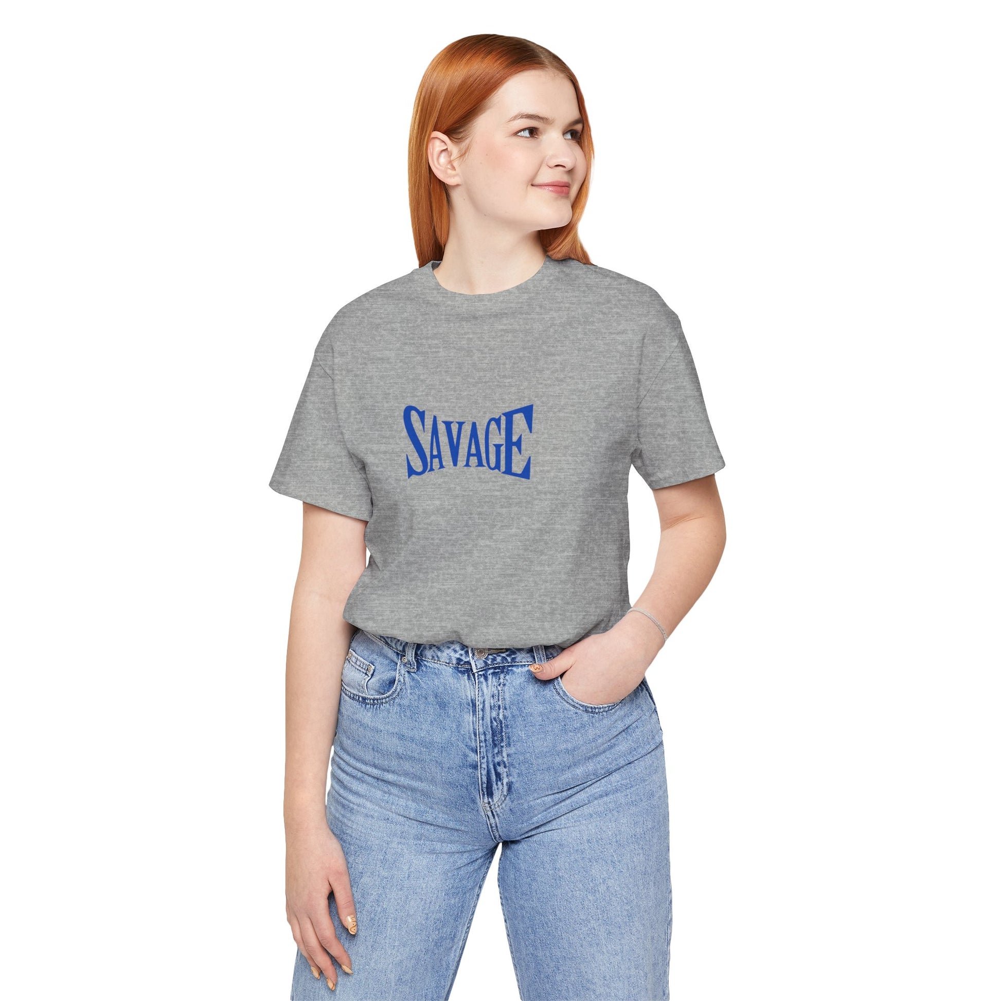 Person wearing a gray t-shirt with 'SAVAGE' in blue text on a white background