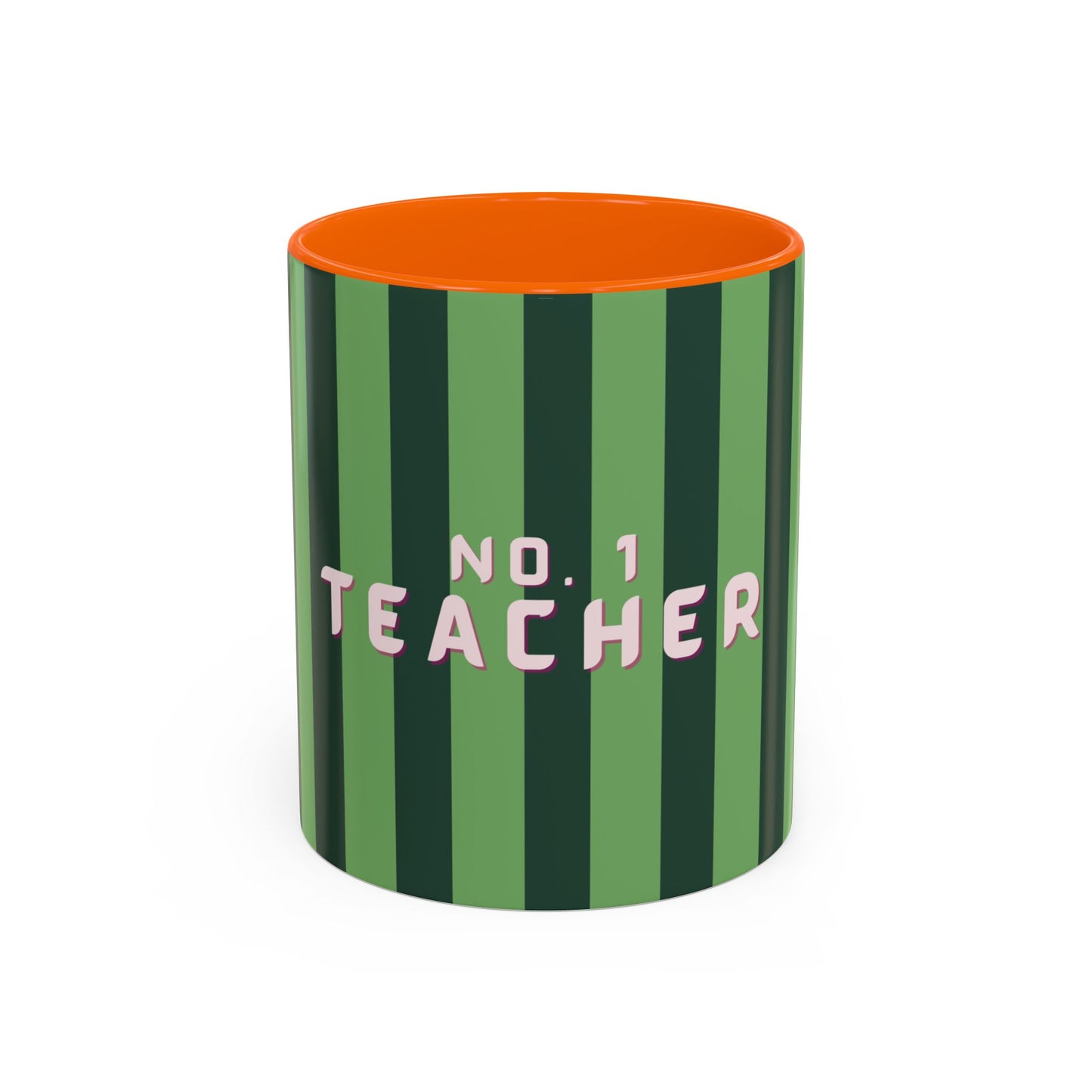 Striped mug with 'No. 1 Teacher' text on a white background