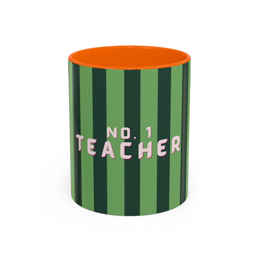 Striped mug with 'No. 1 Teacher' text on a white background