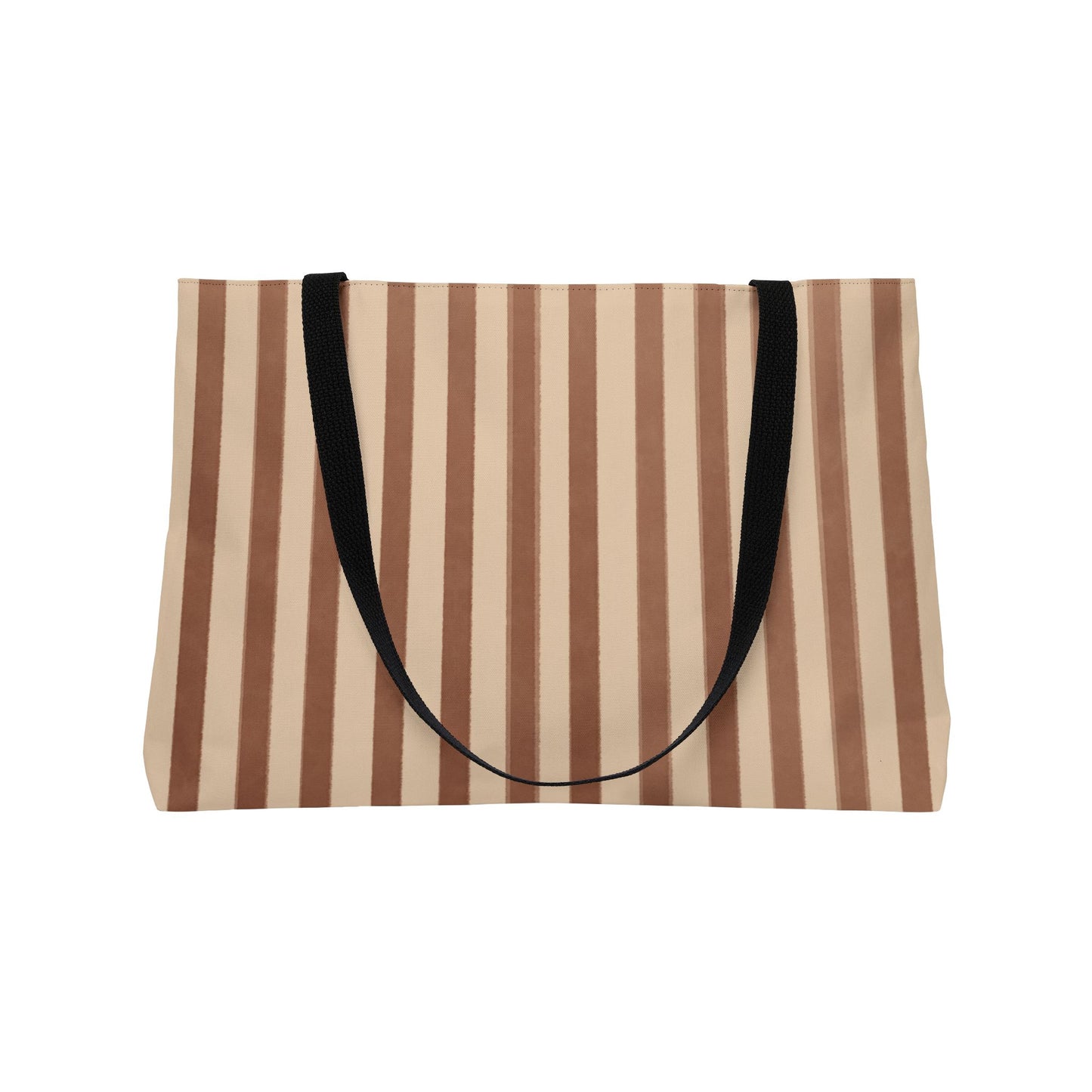 Striped tote bag with a black handle on a white background
