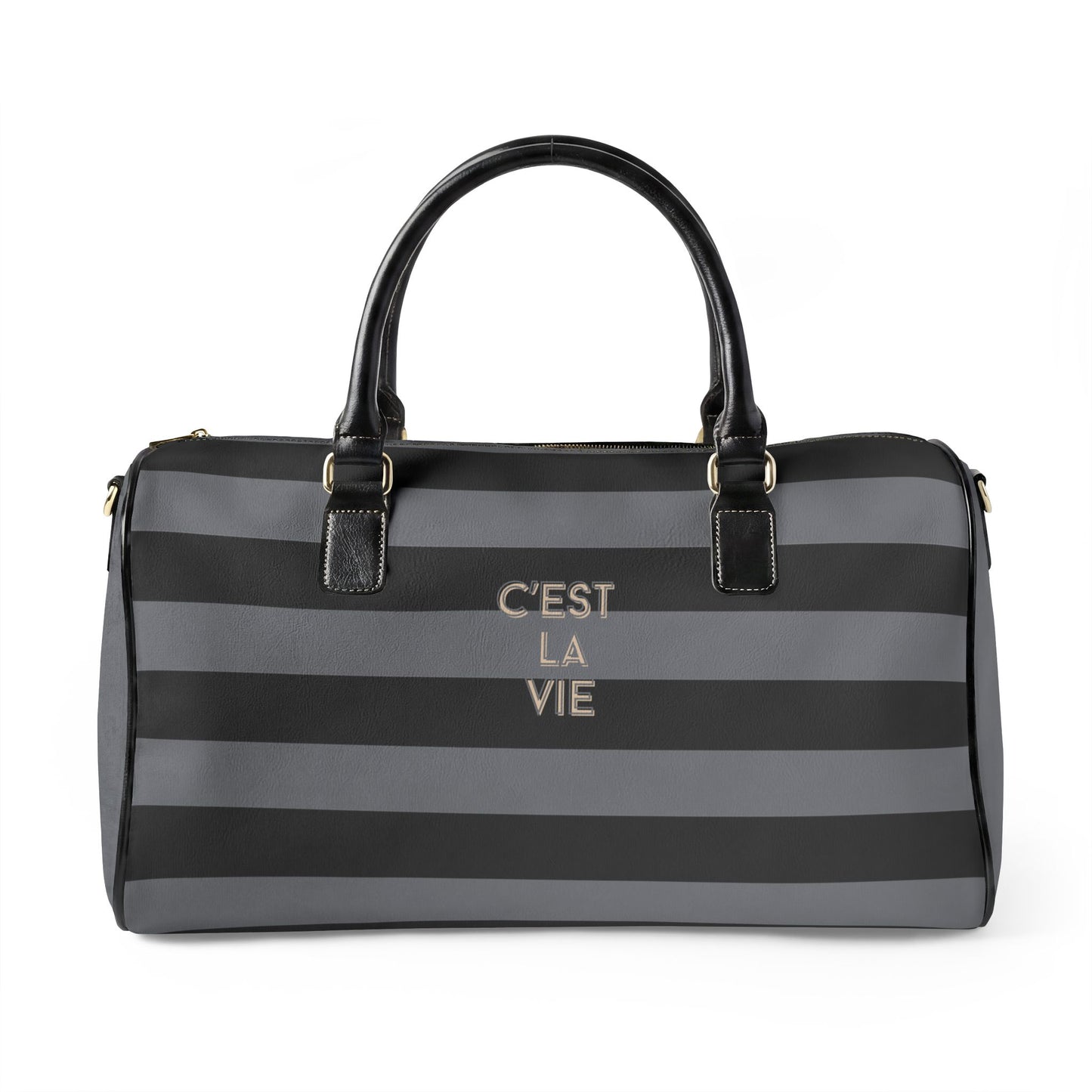 Black and gray striped bag with 'C'est La Vie' text on a white background