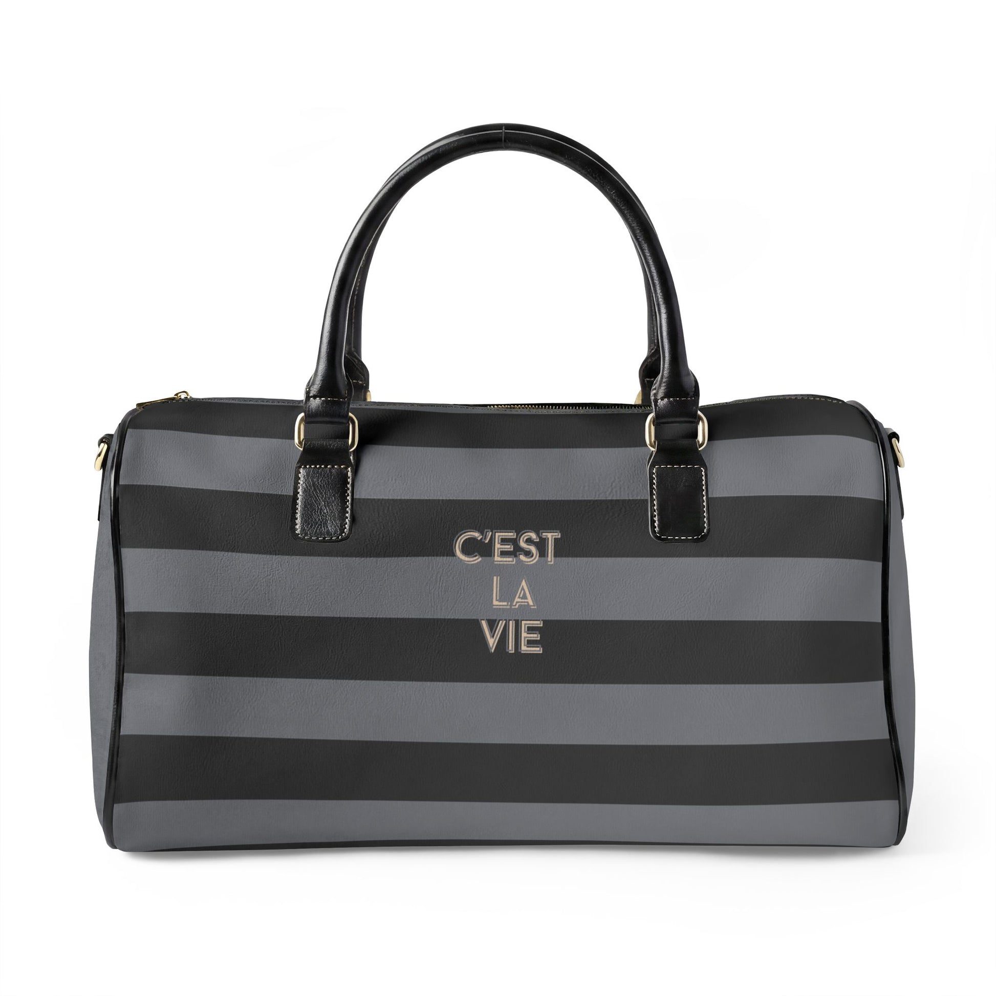 Black and gray striped bag with 'C'est La Vie' text on a white background