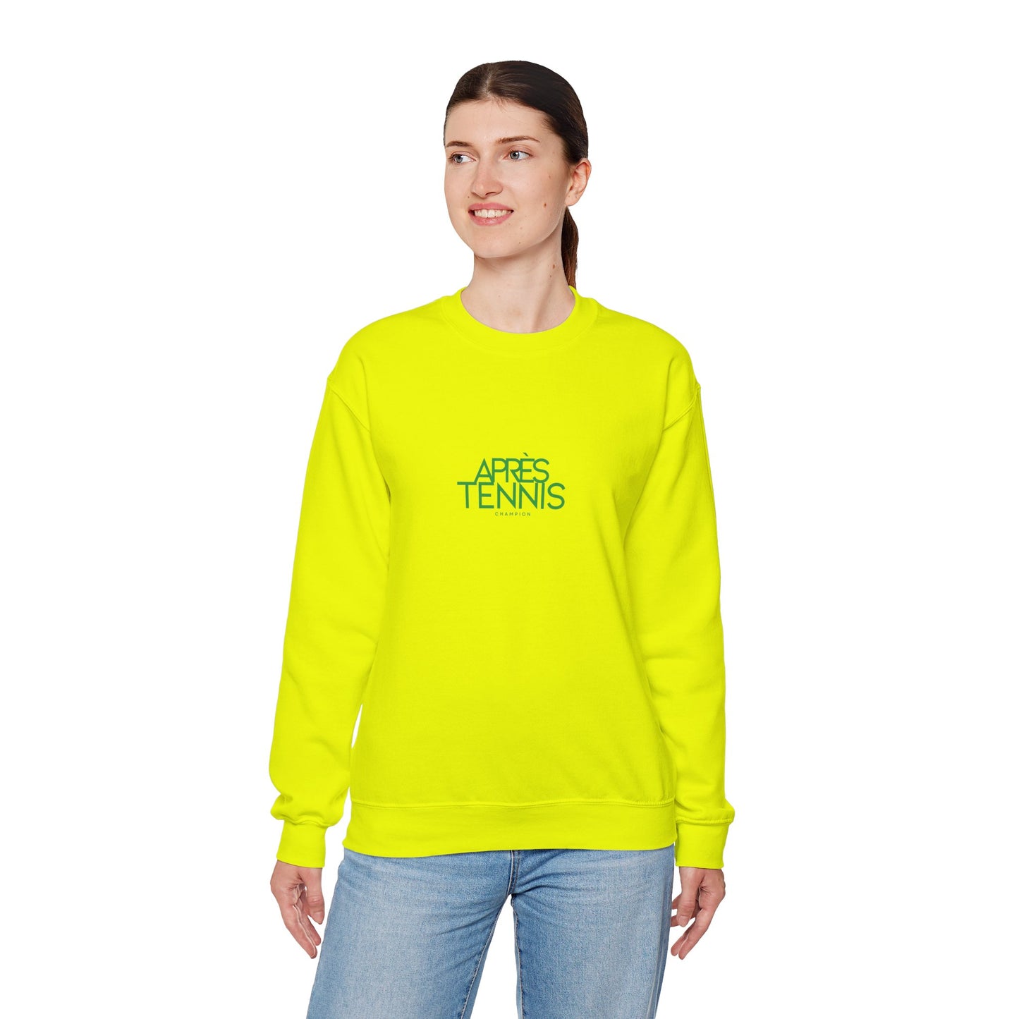 Person wearing a bright yellow sweatshirt with text on a white background