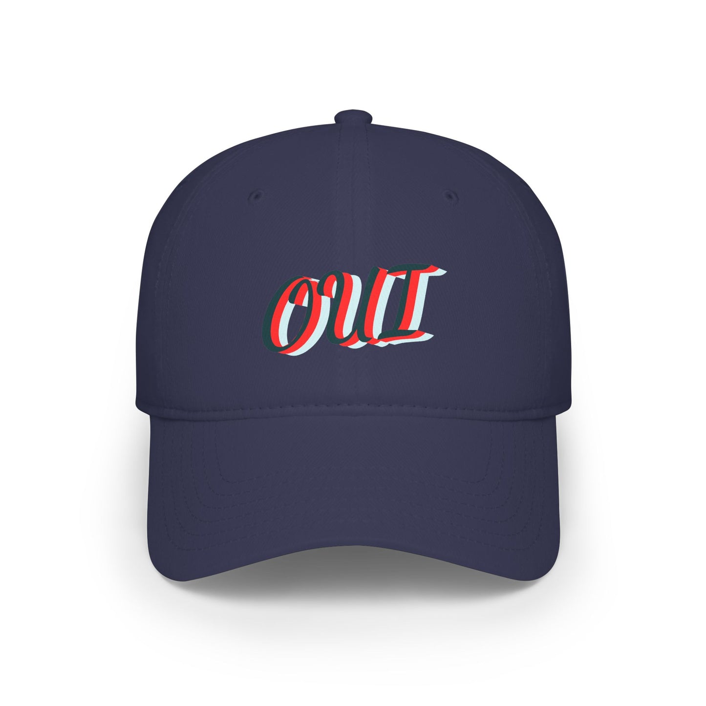 Navy blue cap with red and white text on a white background
