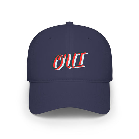 Navy blue cap with red and white text on a white background