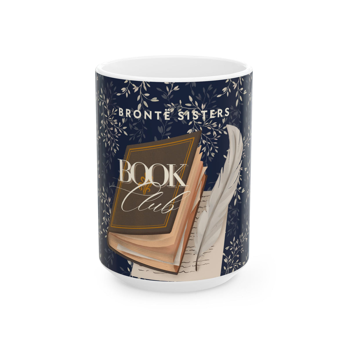 A white ceramic mug featuring a navy blue and beige graphic design with the text 'BRONTE SISTERS' and 'BOOK CLUB', accompanied by an illustration of an open book and a feather quill.