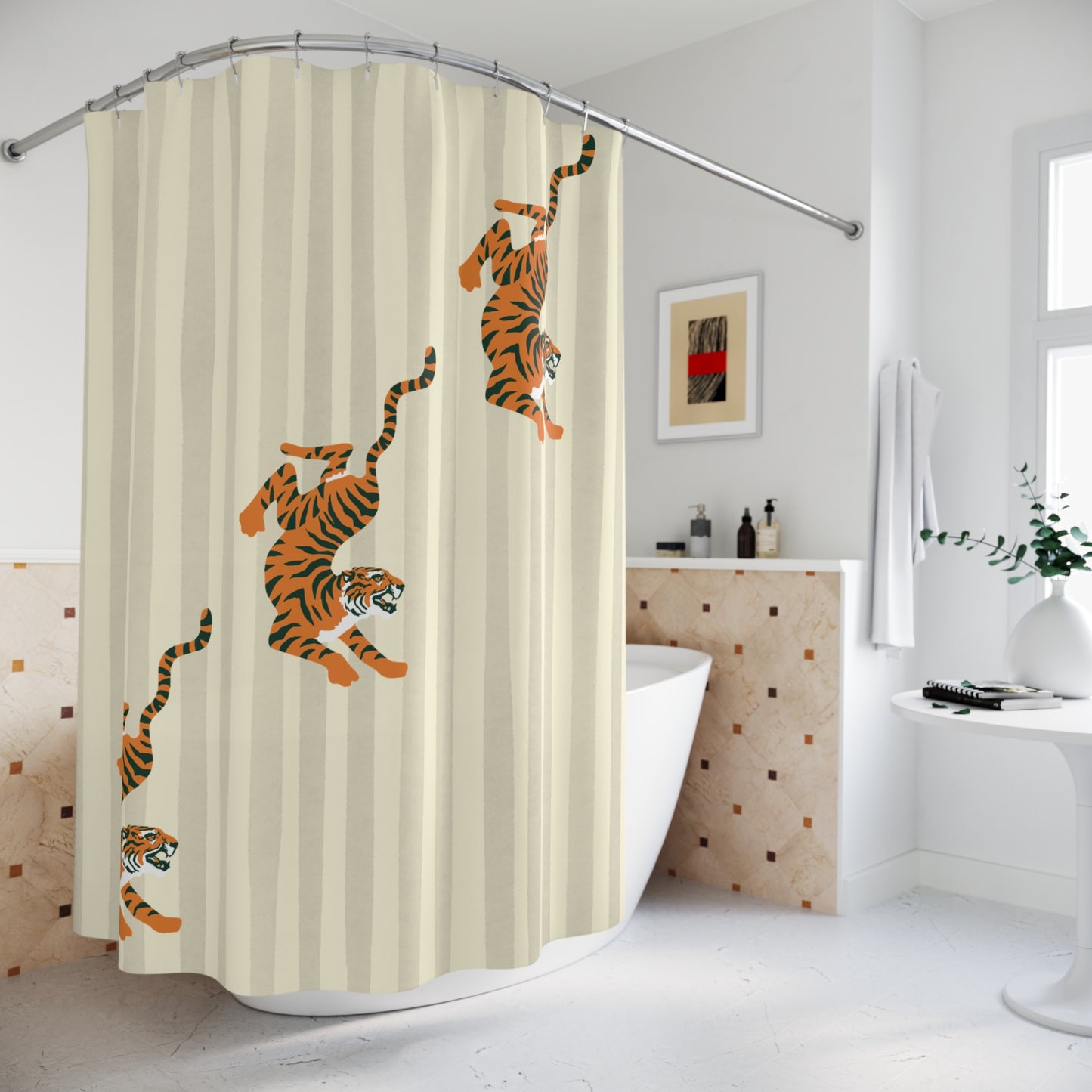 Shower curtain with tiger design in a bathroom setting