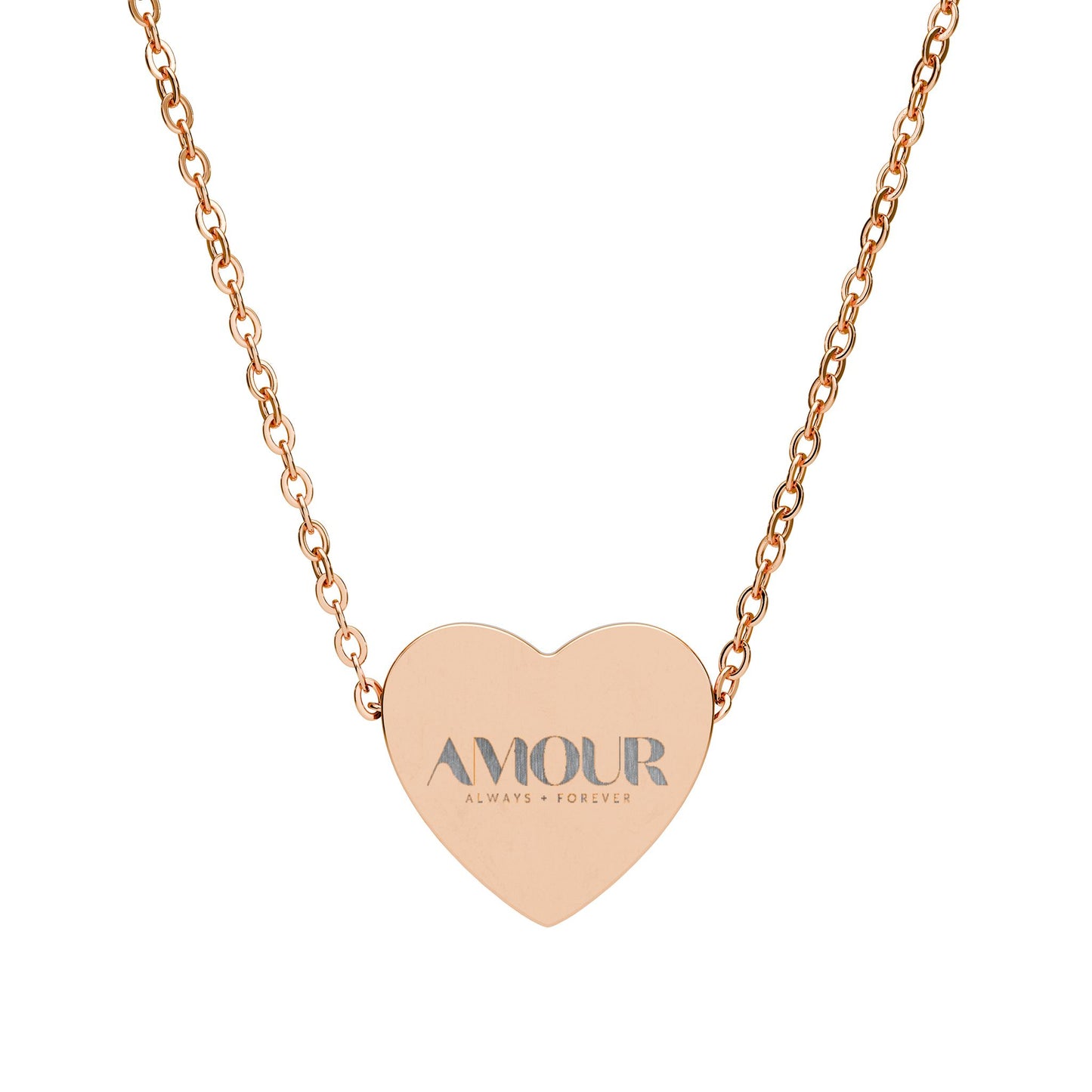Heart-shaped necklace with 'AMOUR' engraving on a white background