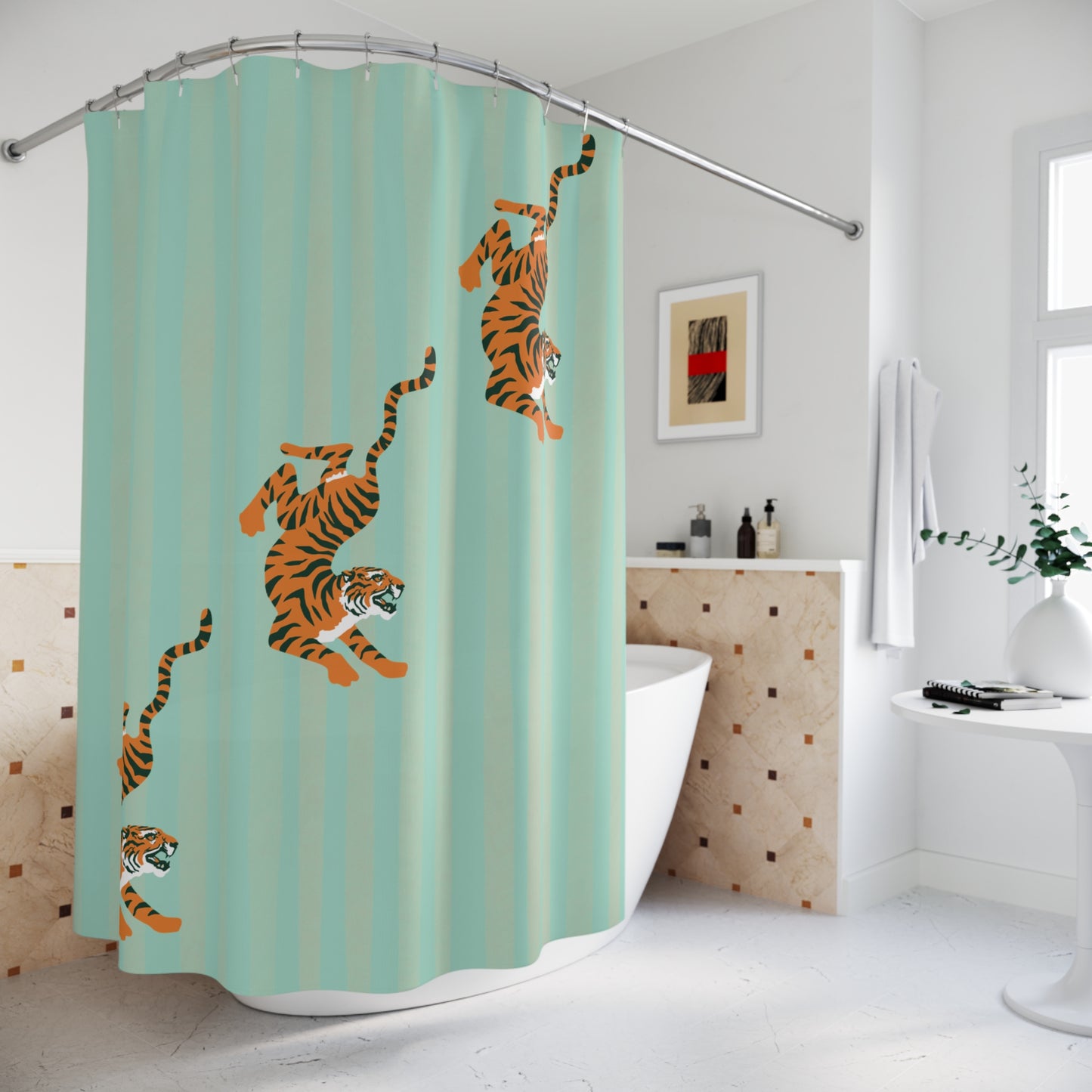 Shower curtain with tiger design in a bathroom setting