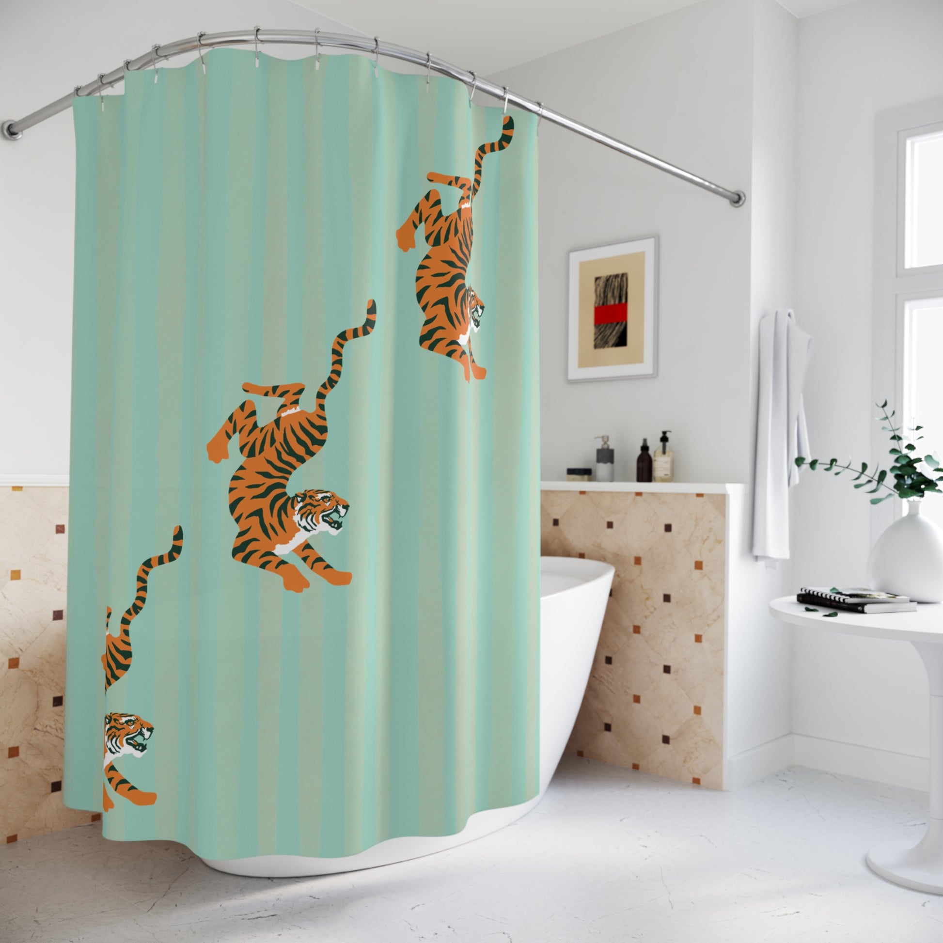 Shower curtain with tiger design in a bathroom setting