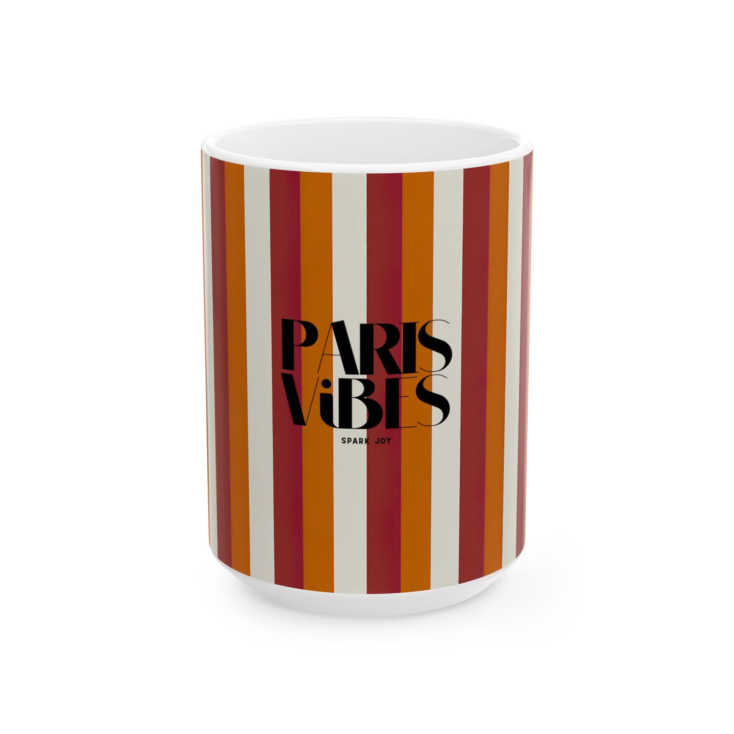 Mug with striped design and 'Paris Vibes' text on a white background