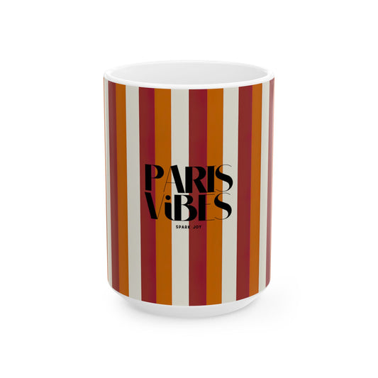 Mug with striped design and 'Paris Vibes' text on a white background