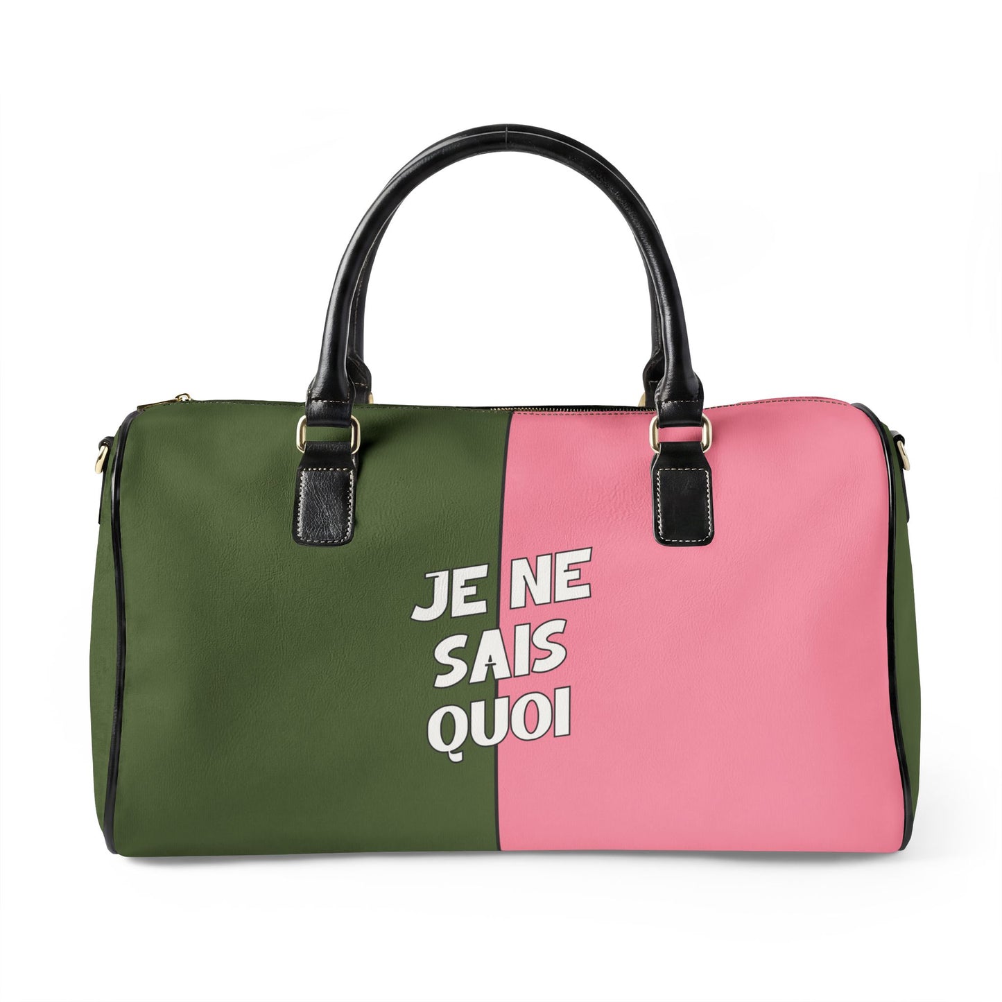 Green and pink duffel bag with text on a white background
