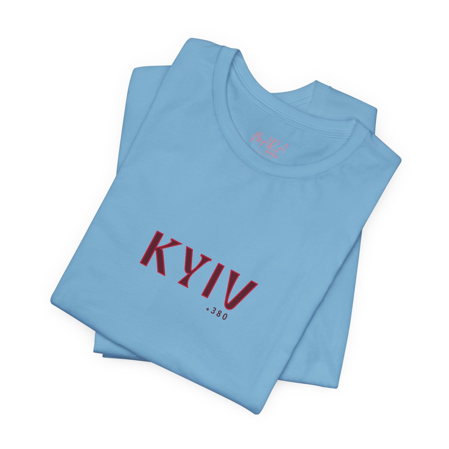 Light blue t-shirt with 'KYIV 380' printed in red on a white background