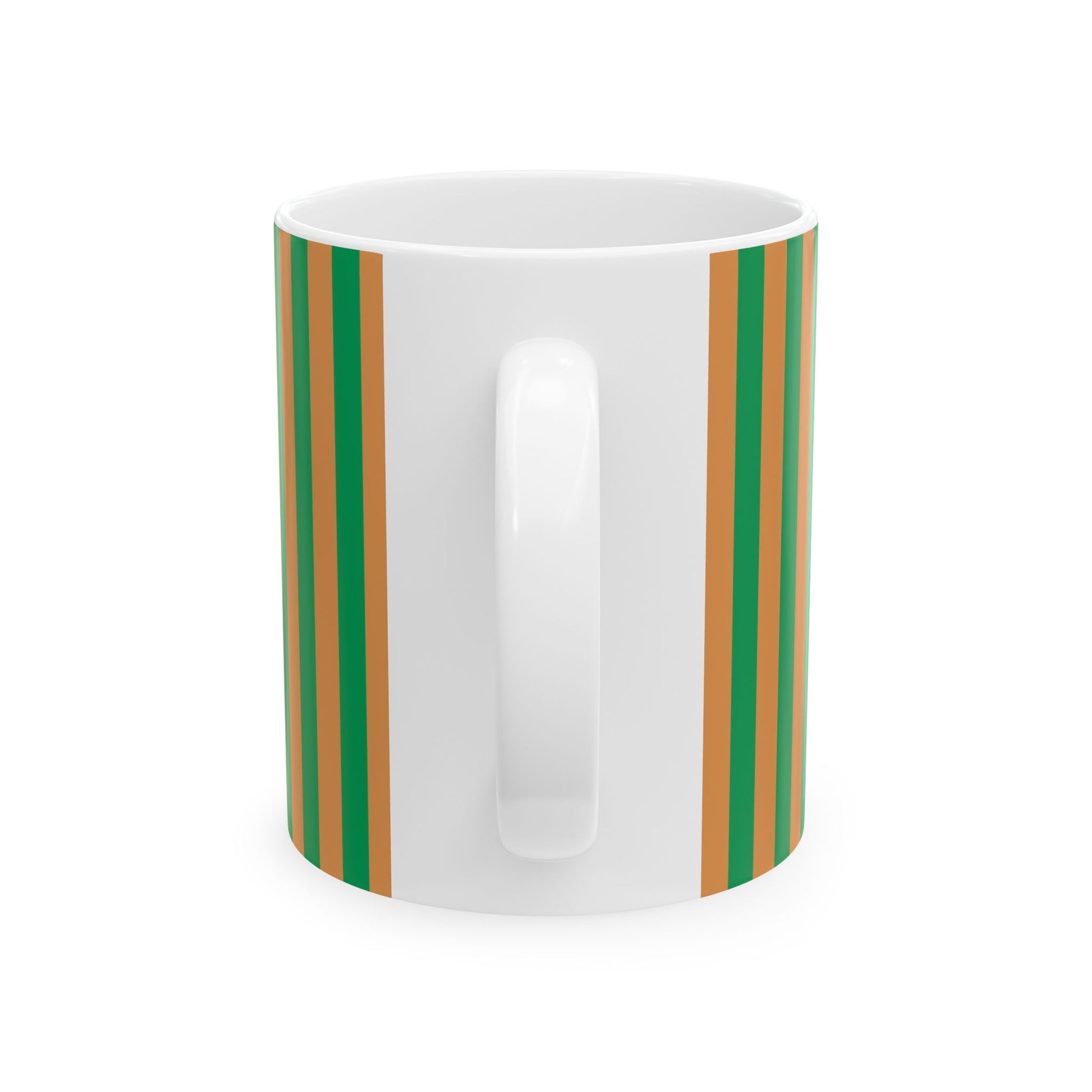 White mug with green and brown stripes on a white background