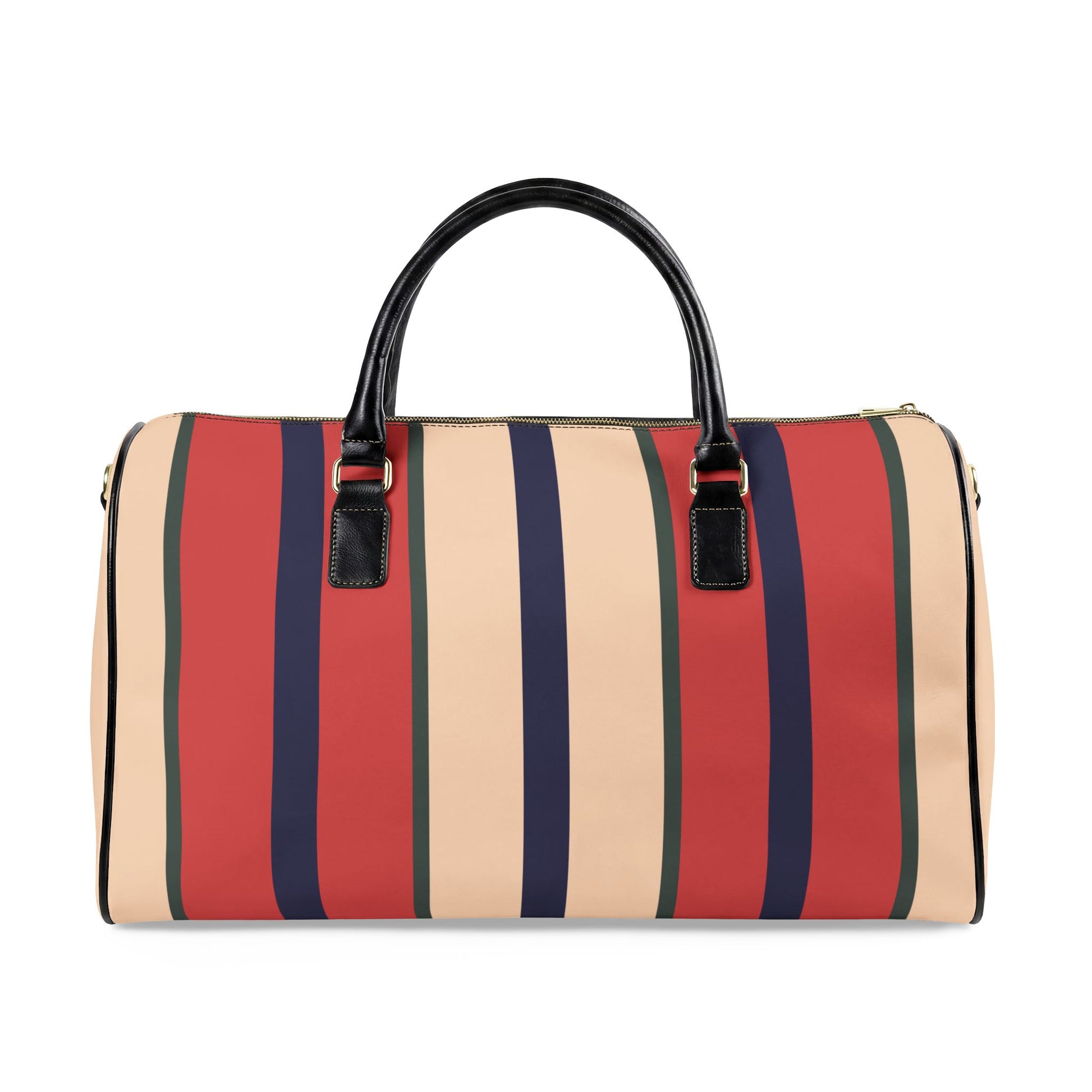 Striped duffel bag with red, beige, and navy stripes on a white background