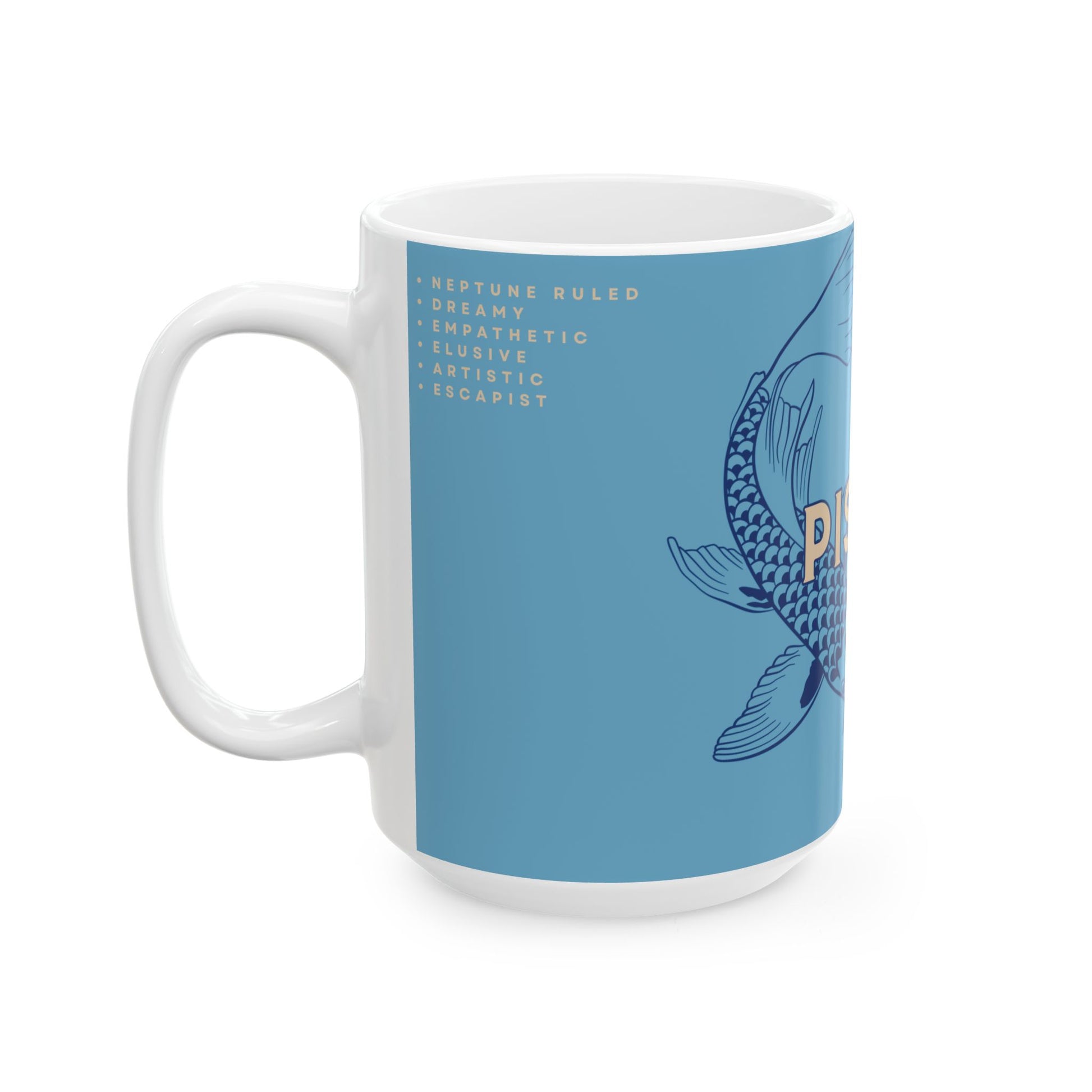 Mug with blue design and text on a white background